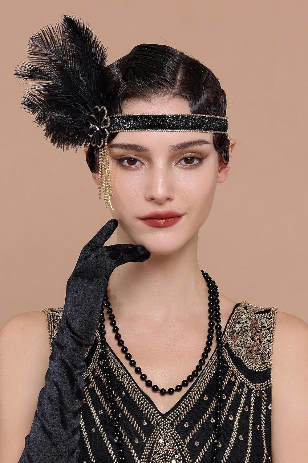 imageBABEYOND Flapper Headpiece for Women  Flapper Feather Headband 1920s Gatsby Headpiece Vintage Accessories for WomenBlack Gold