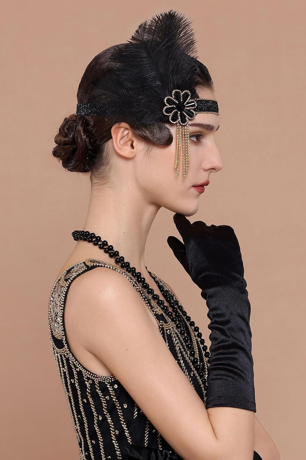 imageBABEYOND Flapper Headpiece for Women  Flapper Feather Headband 1920s Gatsby Headpiece Vintage Accessories for WomenBlack Gold