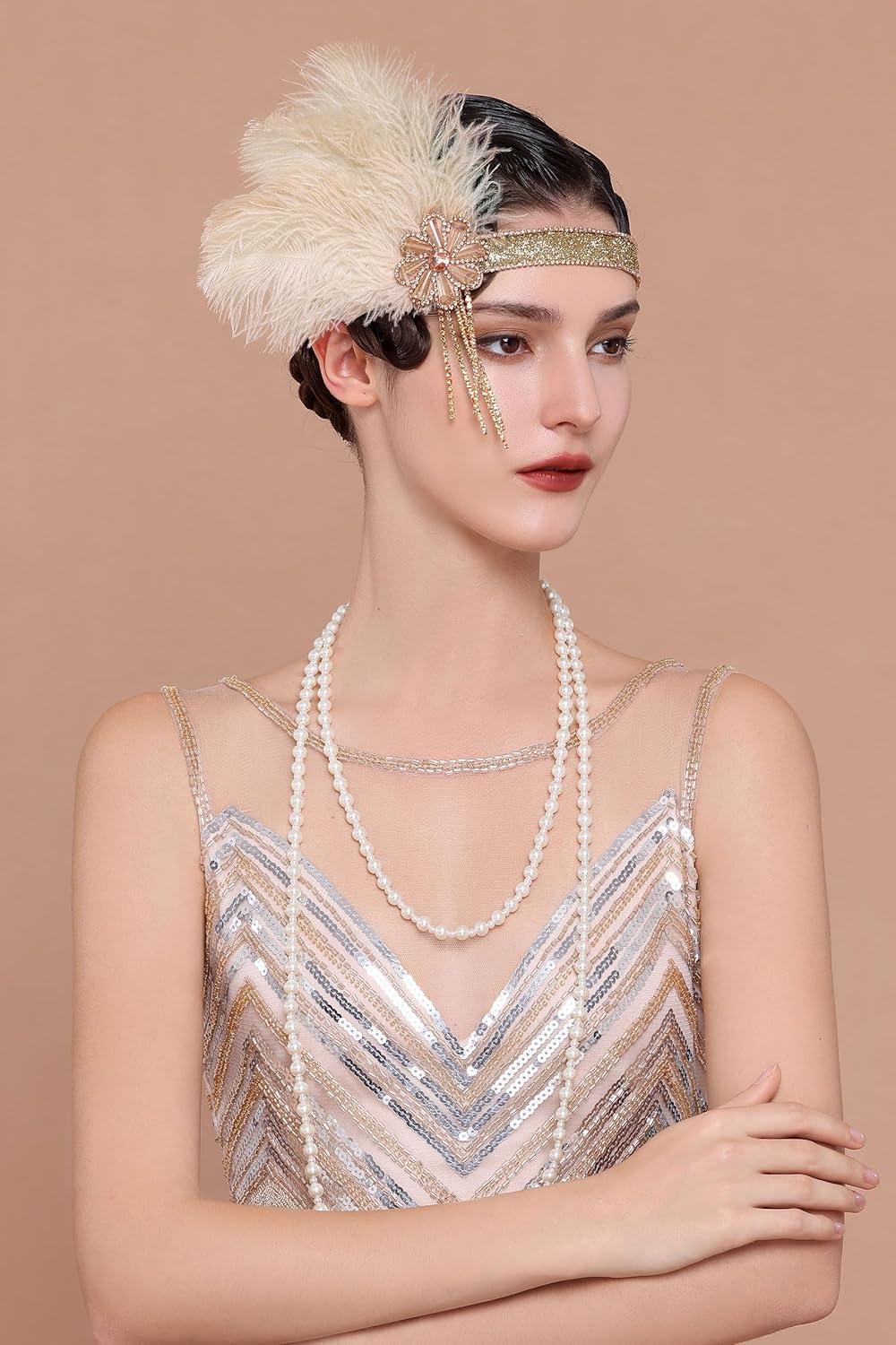 imageBABEYOND Flapper Headpiece for Women  Flapper Feather Headband 1920s Gatsby Headpiece Vintage Accessories for WomenChampagne