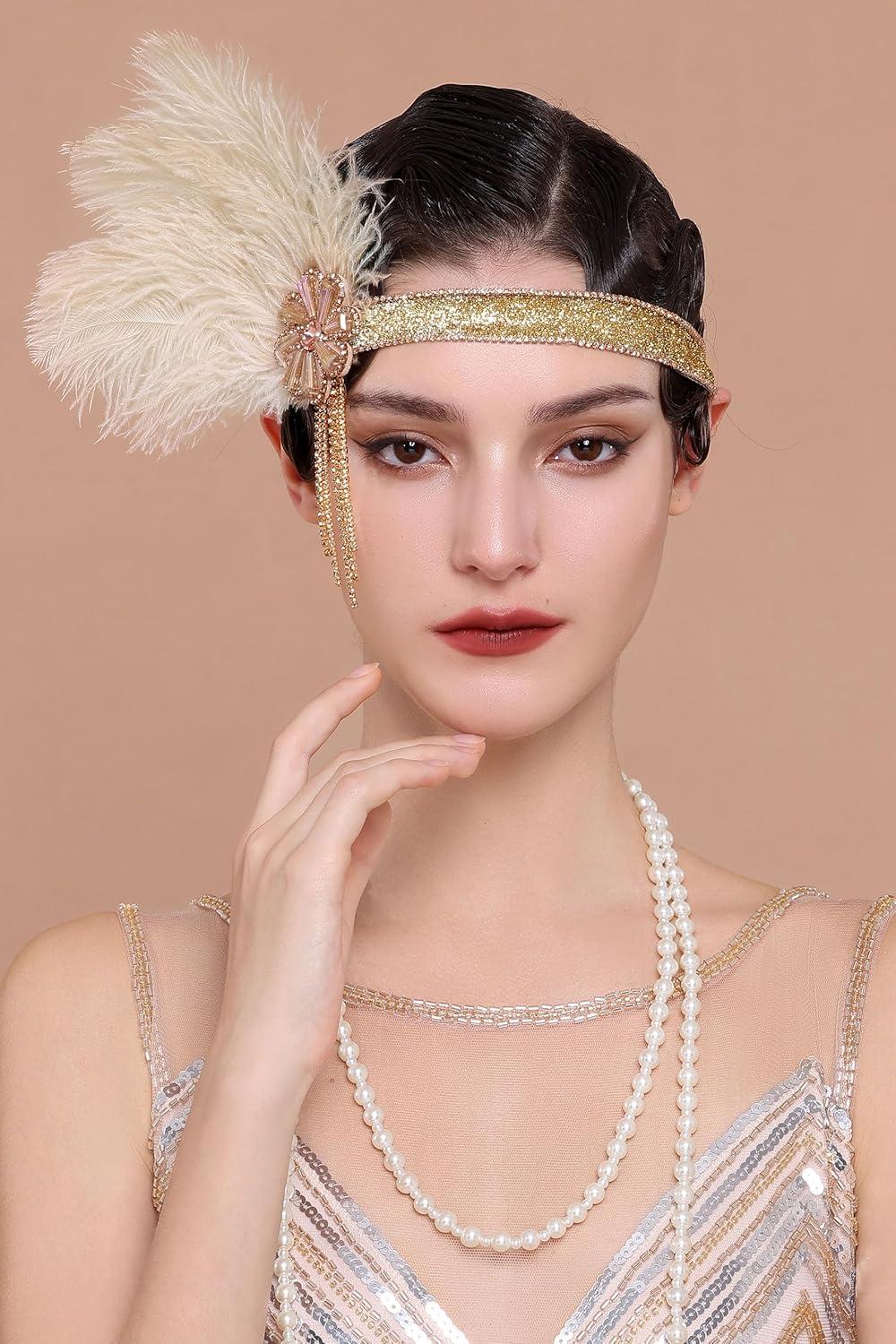 imageBABEYOND Flapper Headpiece for Women  Flapper Feather Headband 1920s Gatsby Headpiece Vintage Accessories for WomenChampagne