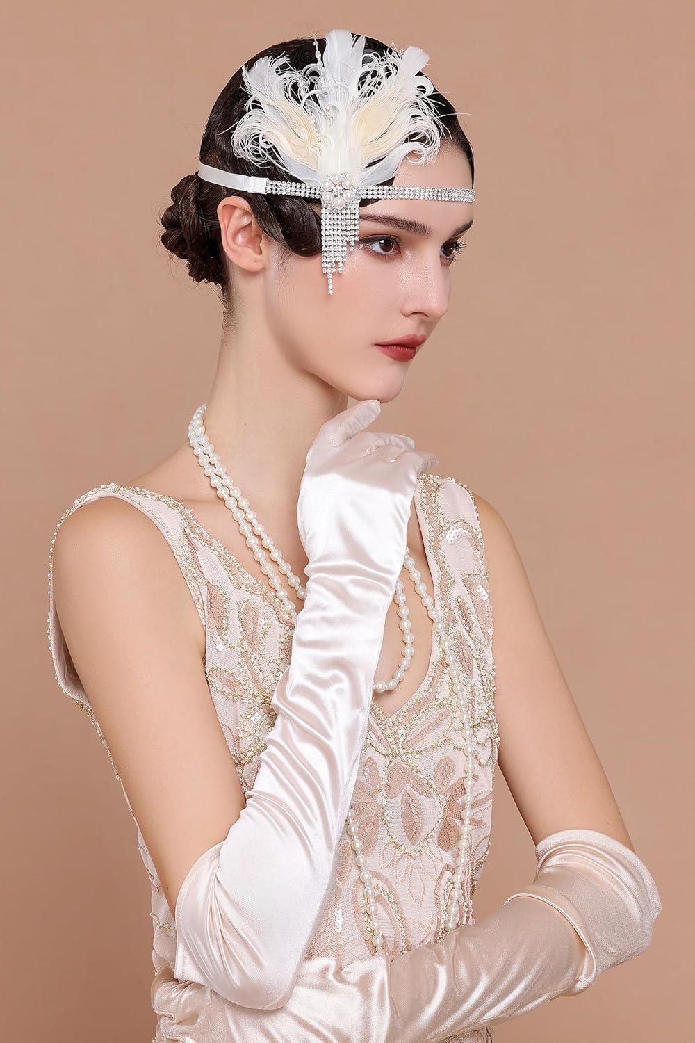 imageBABEYOND Flapper Headpiece for Women  Roaring 20s Headband 1920s Gatsby Headpiece Vintage Accessories for WomenBeige