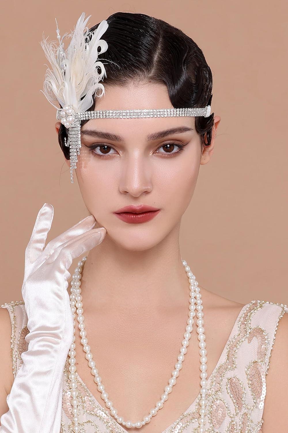 imageBABEYOND Flapper Headpiece for Women  Roaring 20s Headband 1920s Gatsby Headpiece Vintage Accessories for WomenBeige