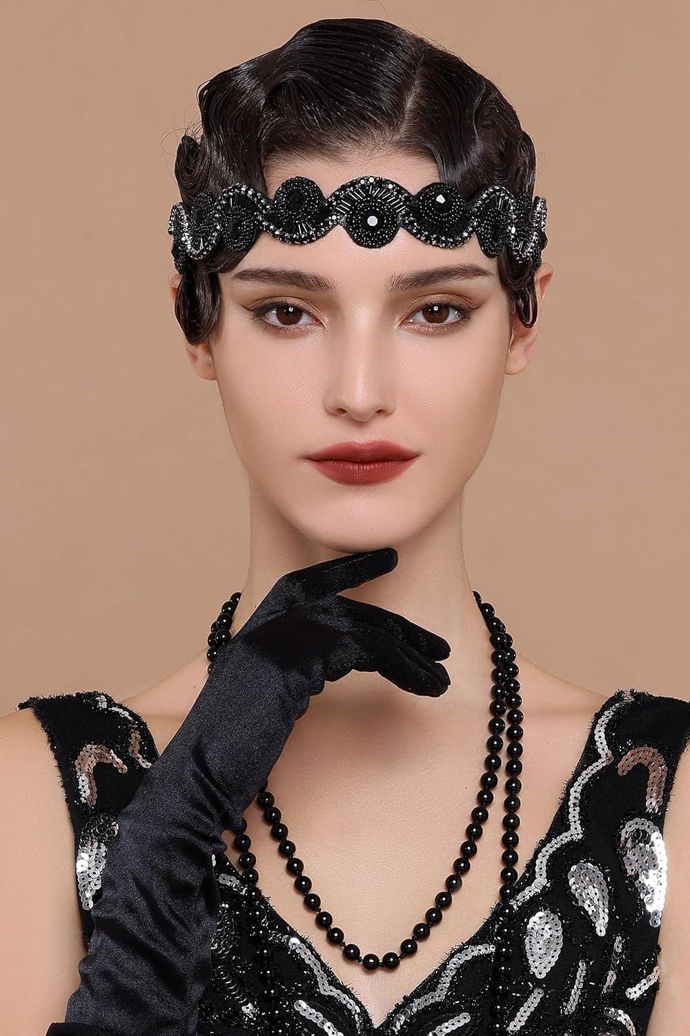 imageBABEYOND Flapper Headpiece for Women  Roaring 20s Headband 1920s Gatsby Headpiece Vintage Accessories for WomenBlack