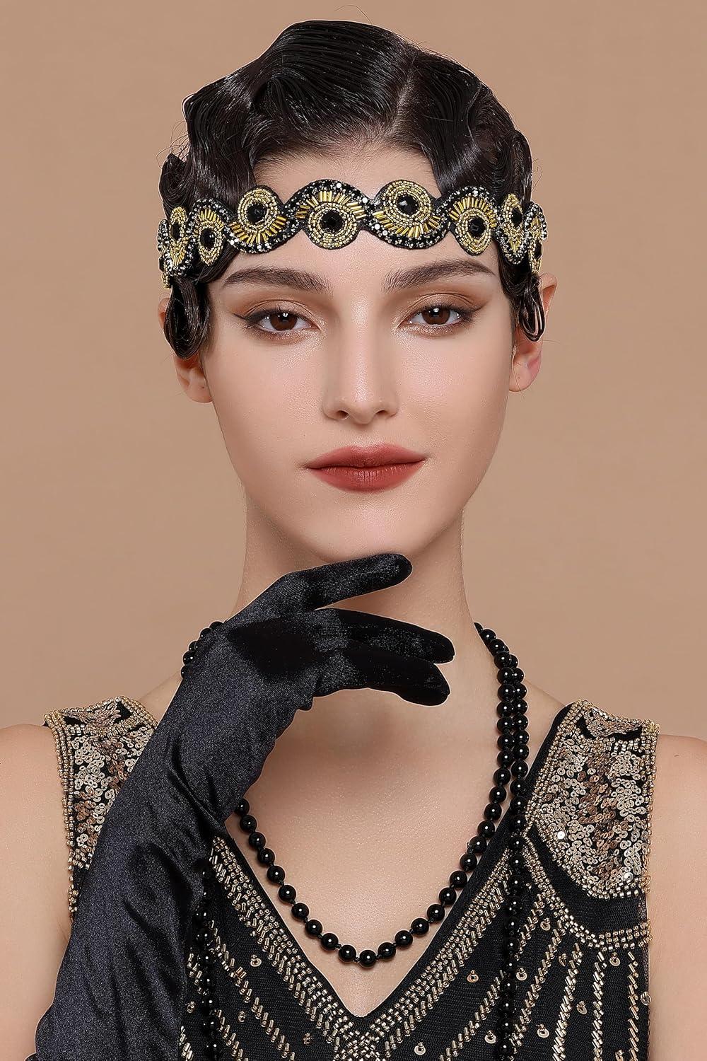 imageBABEYOND Flapper Headpiece for Women  Roaring 20s Headband 1920s Gatsby Headpiece Vintage Accessories for WomenBlack Gold