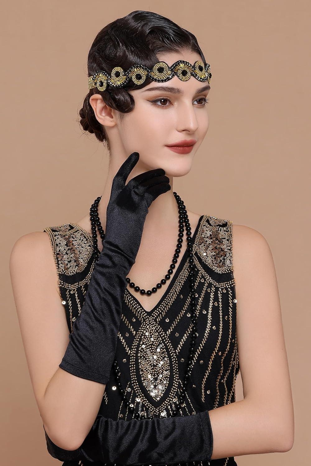 imageBABEYOND Flapper Headpiece for Women  Roaring 20s Headband 1920s Gatsby Headpiece Vintage Accessories for WomenBlack Gold