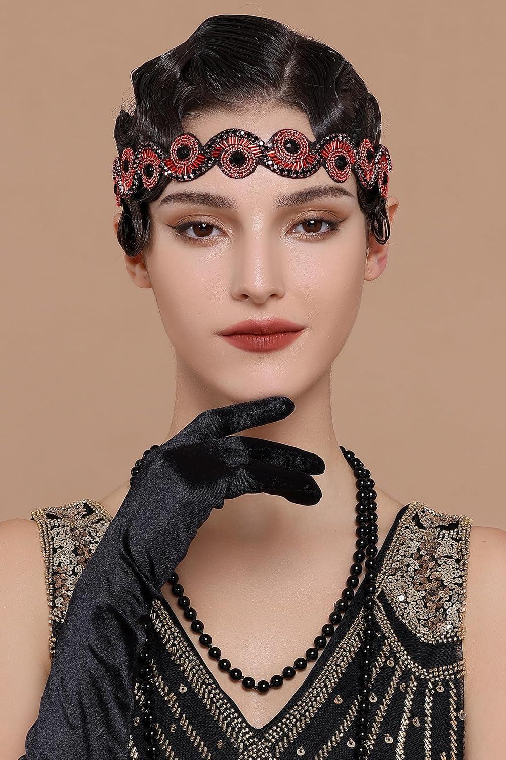 imageBABEYOND Flapper Headpiece for Women  Roaring 20s Headband 1920s Gatsby Headpiece Vintage Accessories for WomenBlack Red