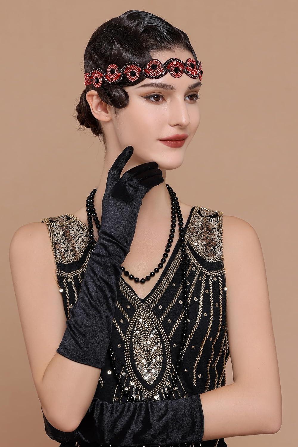 imageBABEYOND Flapper Headpiece for Women  Roaring 20s Headband 1920s Gatsby Headpiece Vintage Accessories for WomenBlack Red