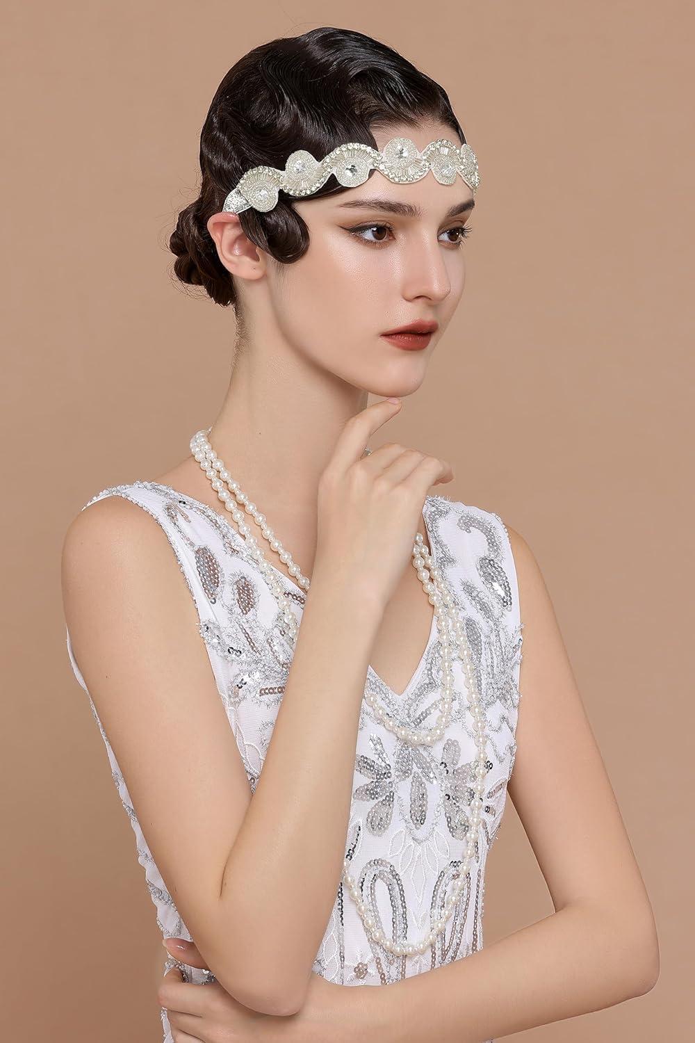 imageBABEYOND Flapper Headpiece for Women  Roaring 20s Headband 1920s Gatsby Headpiece Vintage Accessories for WomenSilver