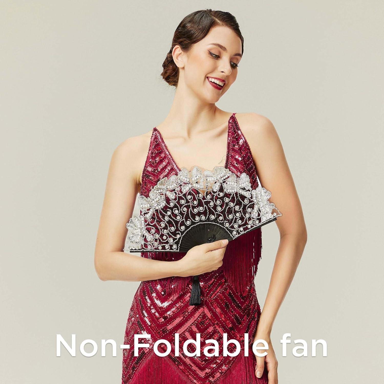 imageBABEYOND Lace Hand Fan NonFoldable Vintage Bridal Handheld Fans with Plastic Beads and Embroidered for Wedding Decoration Dancing PartyBlack