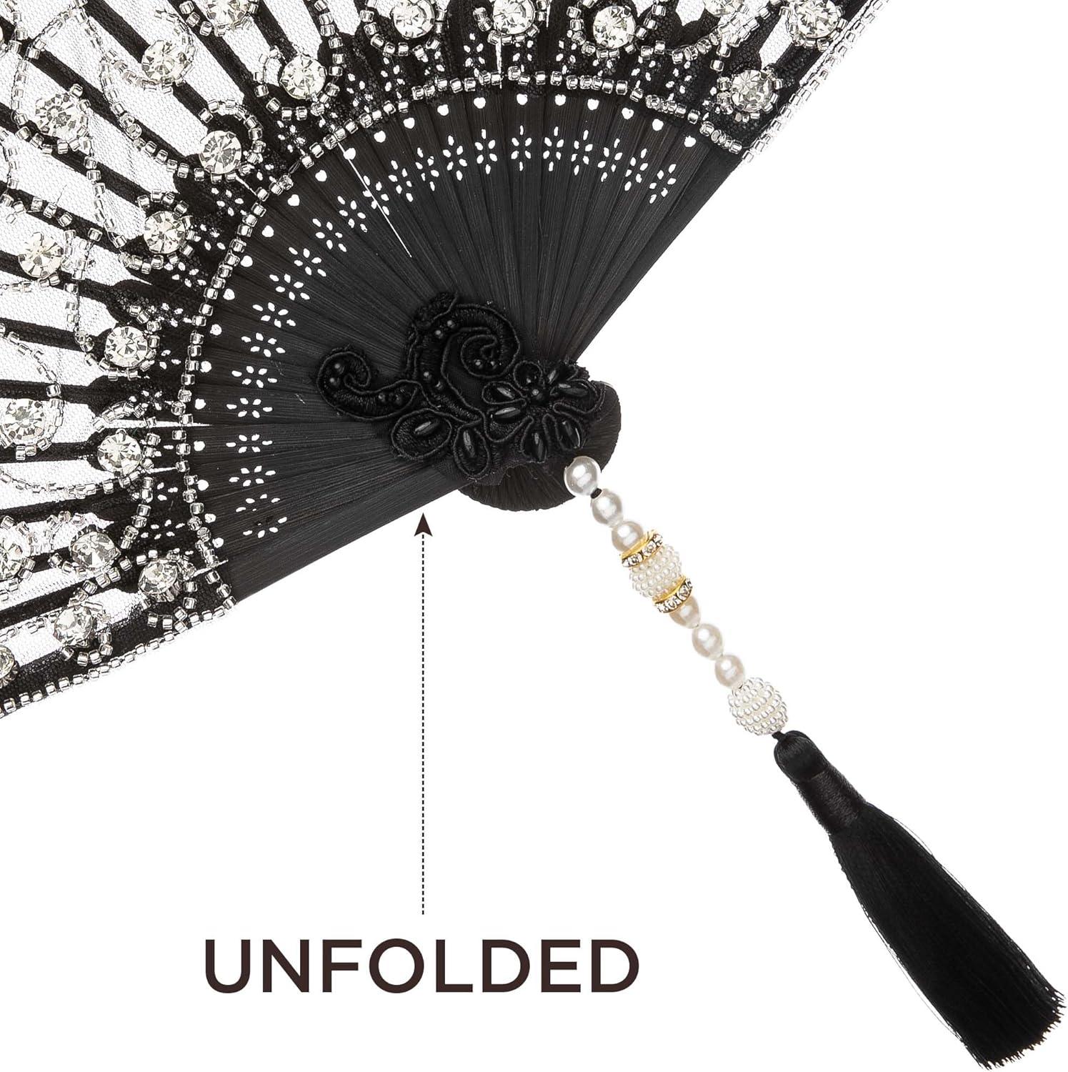 imageBABEYOND Lace Hand Fan NonFoldable Vintage Bridal Handheld Fans with Plastic Beads and Embroidered for Wedding Decoration Dancing PartyBlack