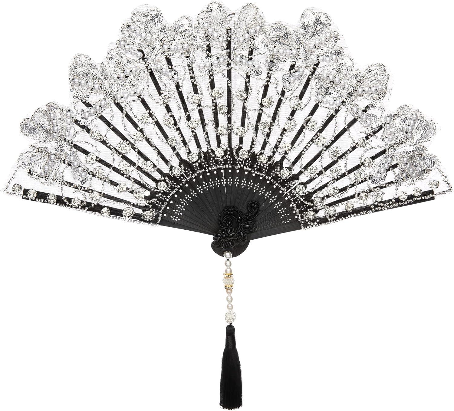 imageBABEYOND Lace Hand Fan NonFoldable Vintage Bridal Handheld Fans with Plastic Beads and Embroidered for Wedding Decoration Dancing PartyBlack