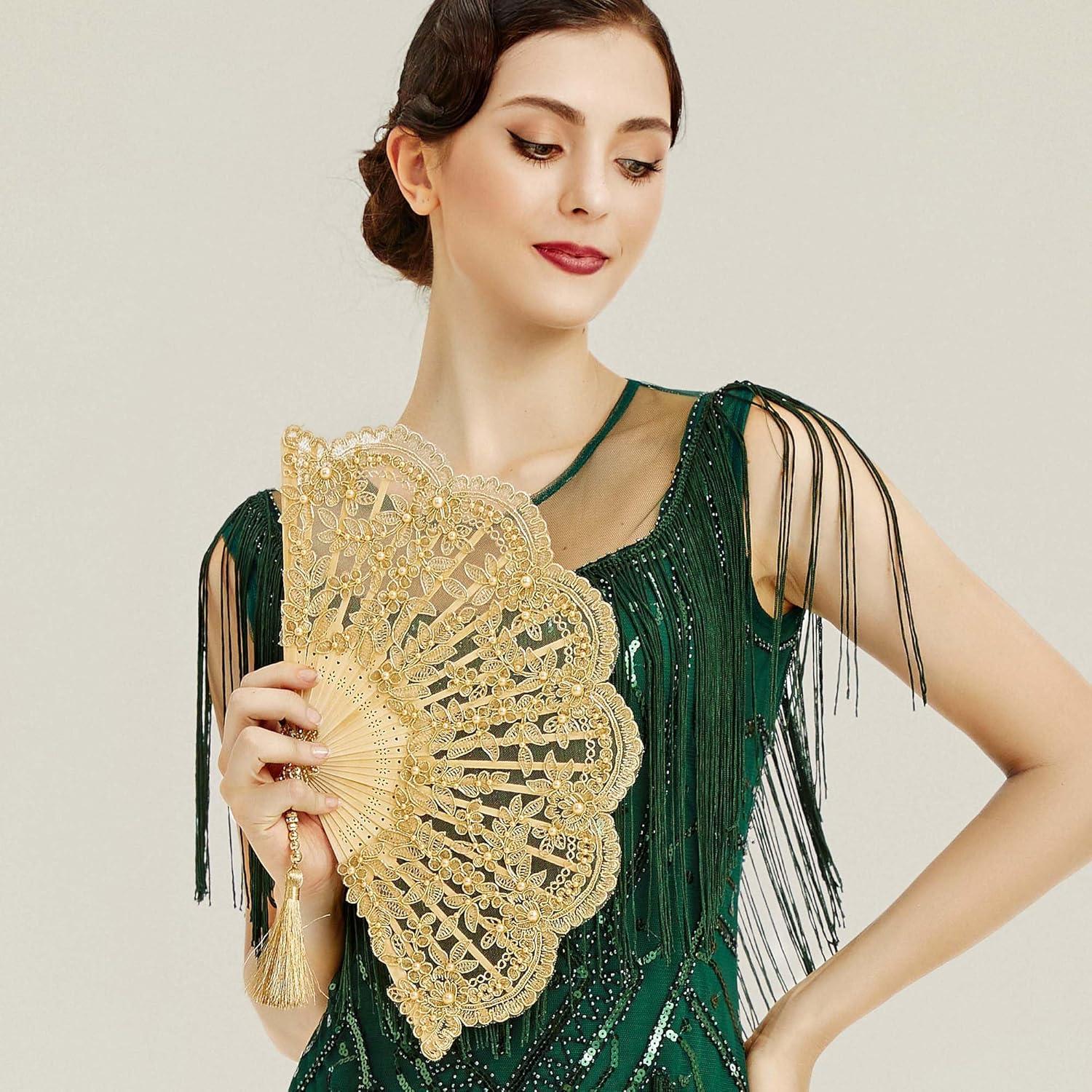 imageBABEYOND Lace Hand Fan NonFoldable Vintage Bridal Handheld Fans with Plastic Beads and Embroidered for Wedding Decoration Dancing PartyCgold