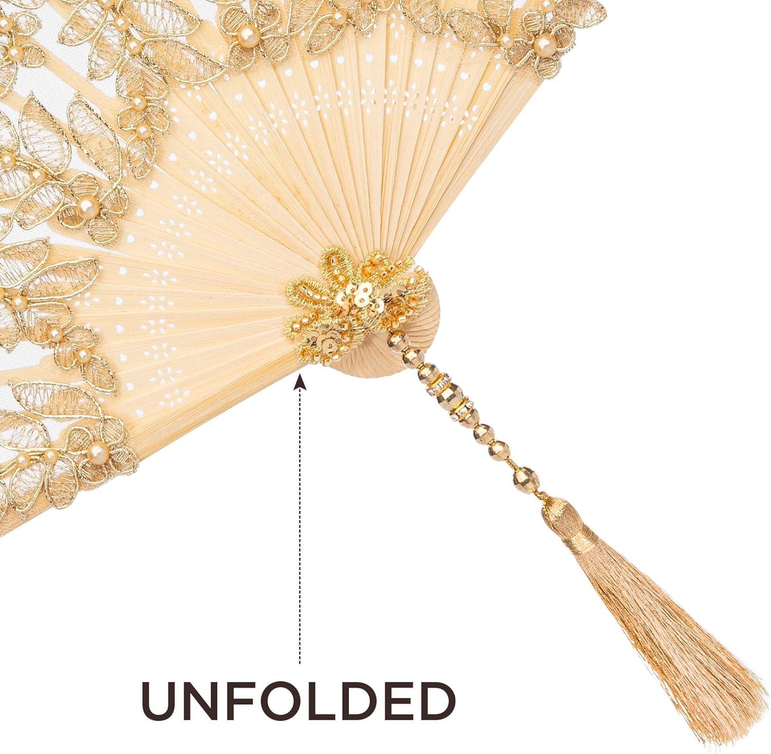 imageBABEYOND Lace Hand Fan NonFoldable Vintage Bridal Handheld Fans with Plastic Beads and Embroidered for Wedding Decoration Dancing PartyCgold