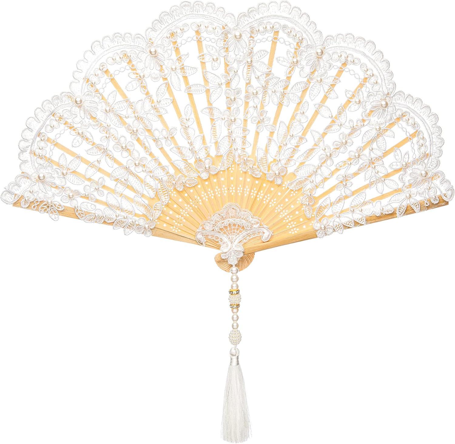 imageBABEYOND Lace Hand Fan NonFoldable Vintage Bridal Handheld Fans with Plastic Beads and Embroidered for Wedding Decoration Dancing PartyCwhite