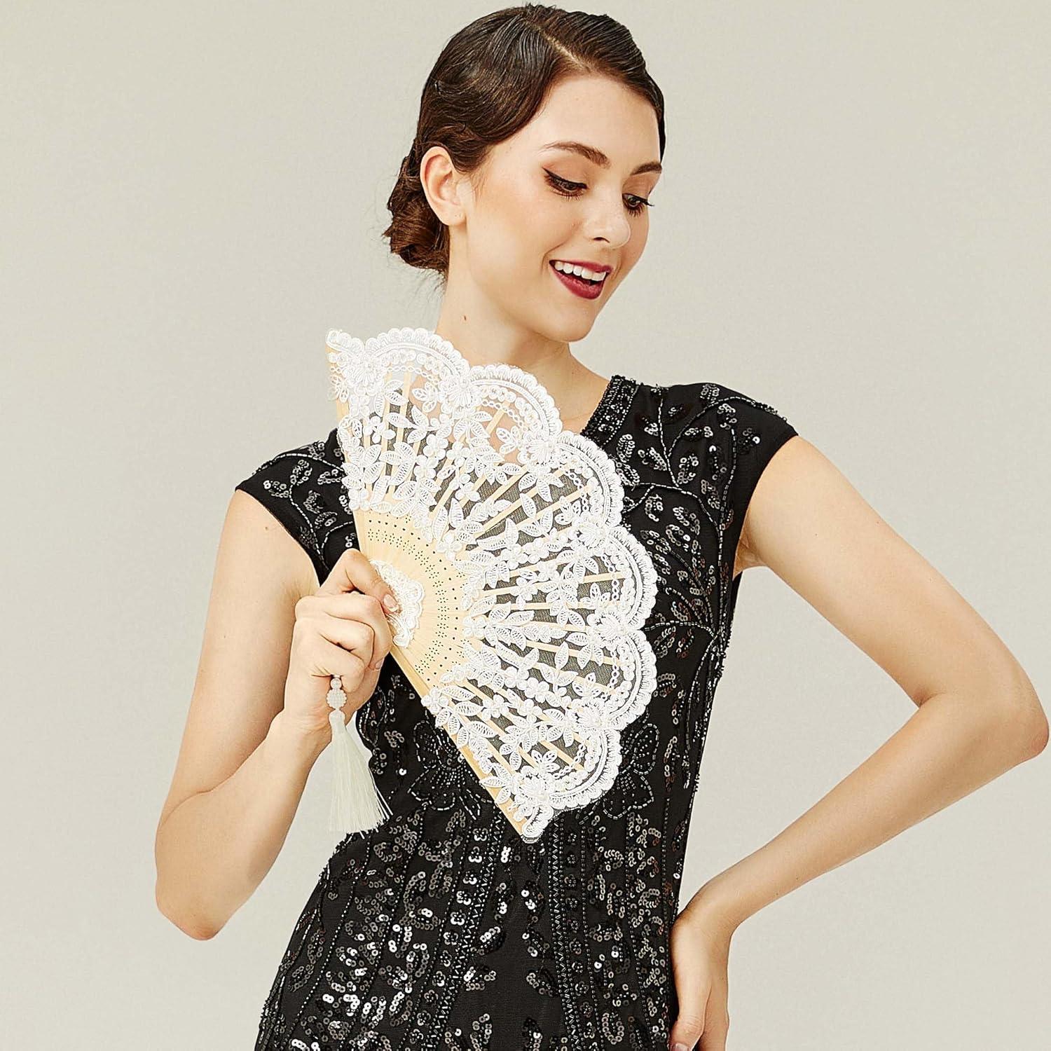 imageBABEYOND Lace Hand Fan NonFoldable Vintage Bridal Handheld Fans with Plastic Beads and Embroidered for Wedding Decoration Dancing PartyCwhite