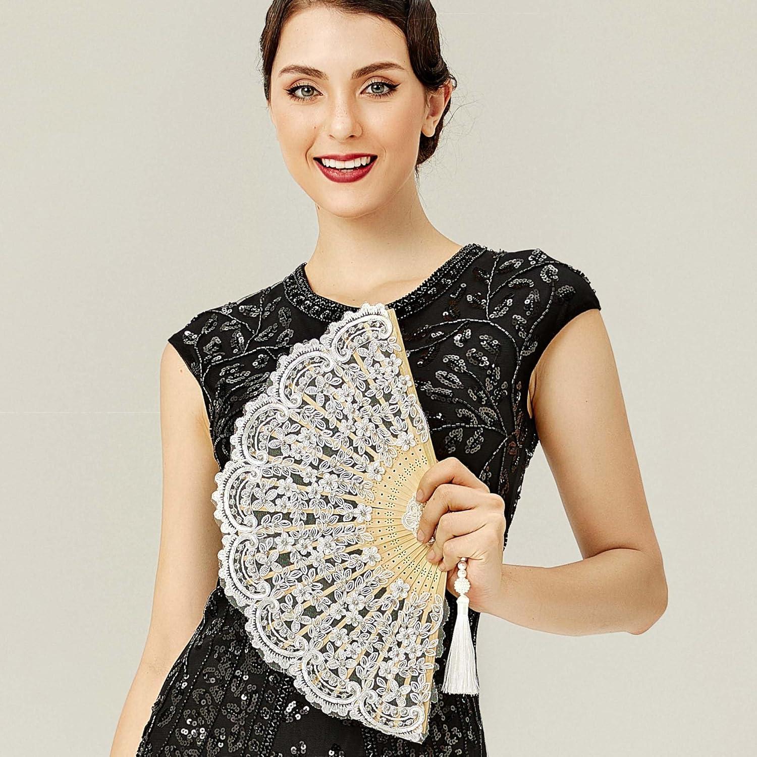 imageBABEYOND Lace Hand Fan NonFoldable Vintage Bridal Handheld Fans with Plastic Beads and Embroidered for Wedding Decoration Dancing PartyEwhite