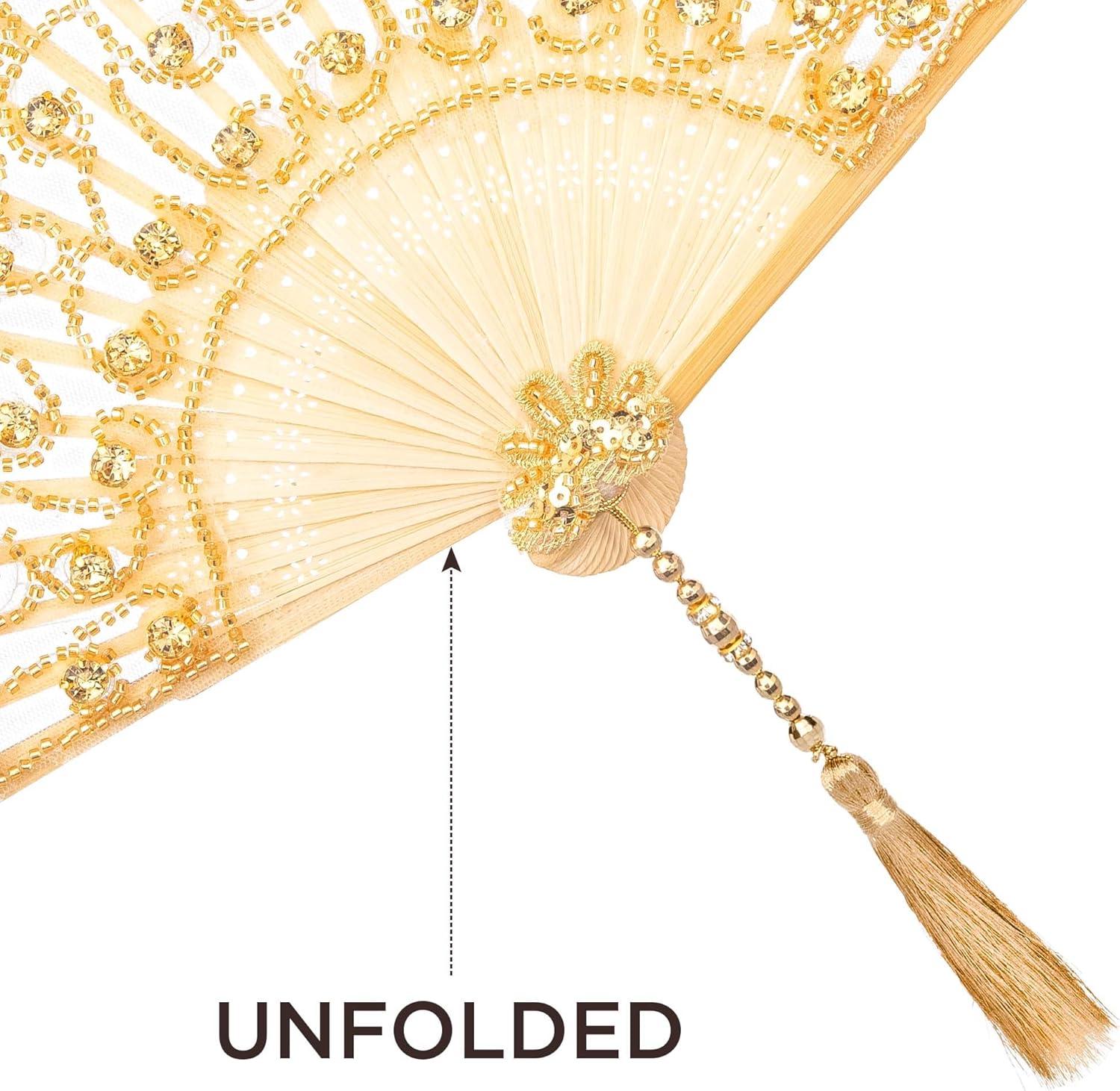 imageBABEYOND Lace Hand Fan NonFoldable Vintage Bridal Handheld Fans with Plastic Beads and Embroidered for Wedding Decoration Dancing PartyGold