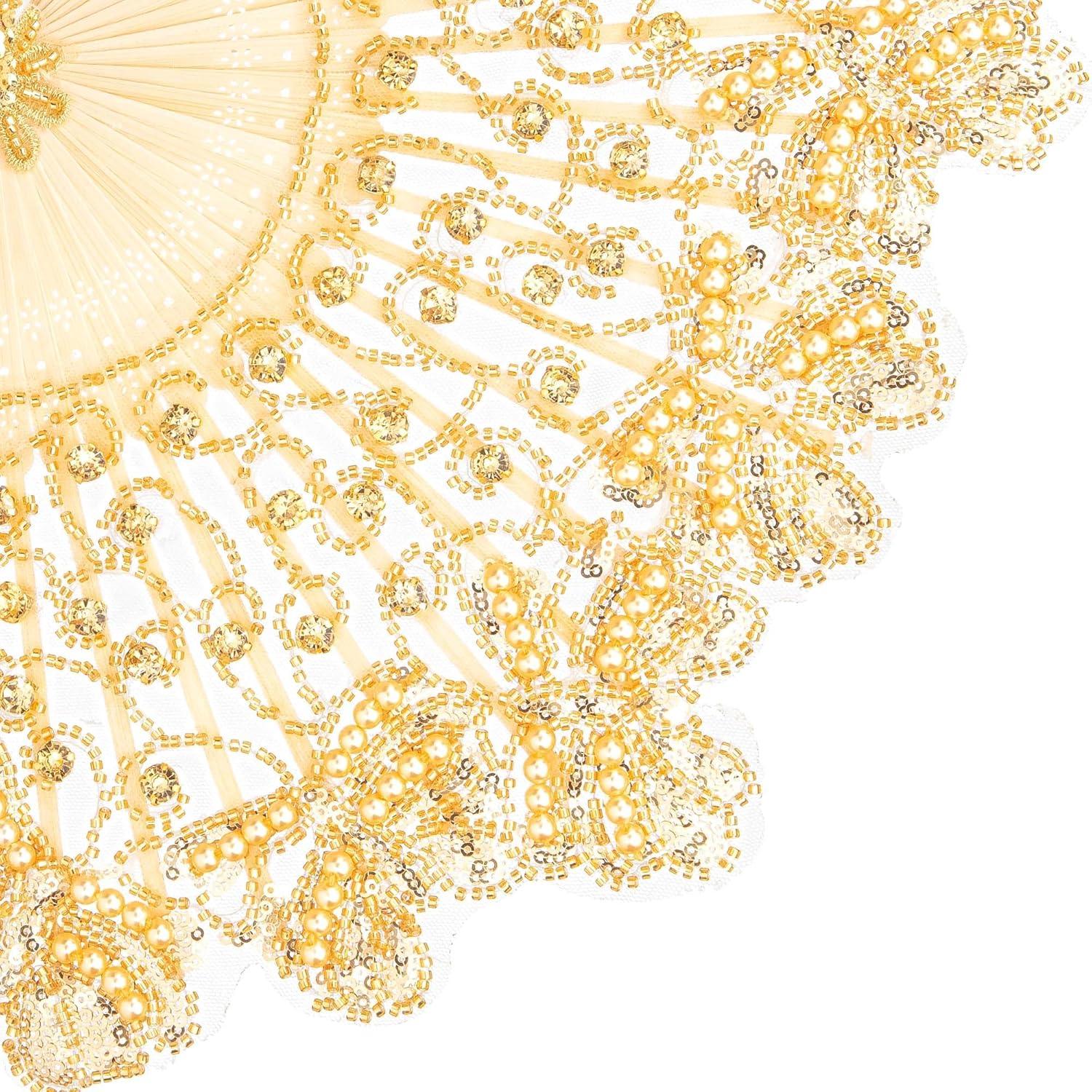 imageBABEYOND Lace Hand Fan NonFoldable Vintage Bridal Handheld Fans with Plastic Beads and Embroidered for Wedding Decoration Dancing PartyGold