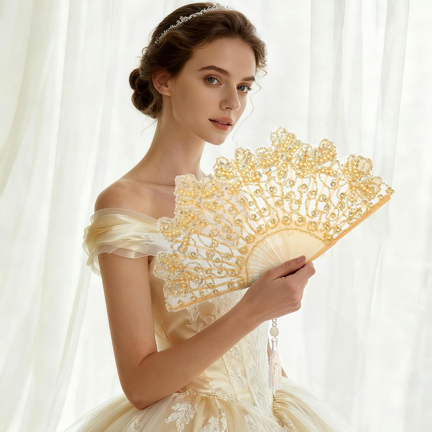 imageBABEYOND Lace Hand Fan NonFoldable Vintage Bridal Handheld Fans with Plastic Beads and Embroidered for Wedding Decoration Dancing PartyGold