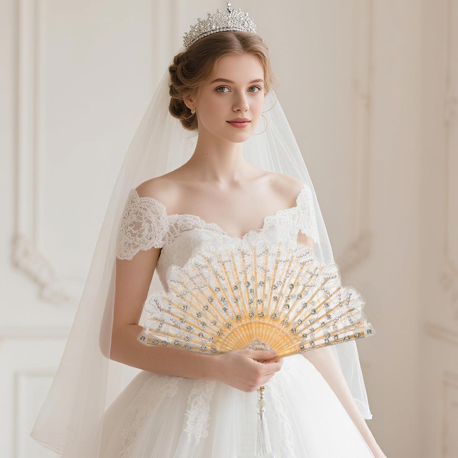 imageBABEYOND Lace Hand Fan NonFoldable Vintage Bridal Handheld Fans with Plastic Beads and Embroidered for Wedding Decoration Dancing PartyWhite