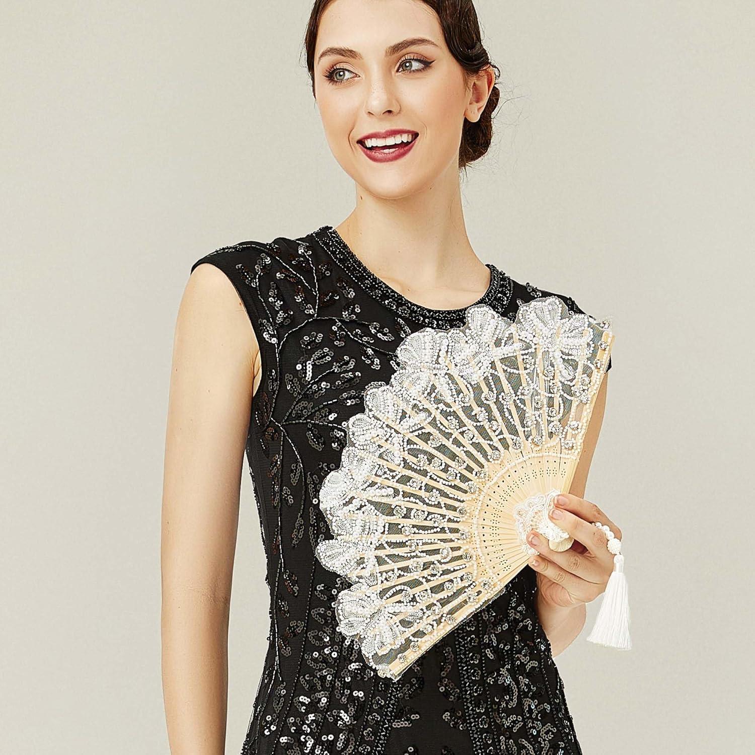 imageBABEYOND Lace Hand Fan NonFoldable Vintage Bridal Handheld Fans with Plastic Beads and Embroidered for Wedding Decoration Dancing PartyWhite