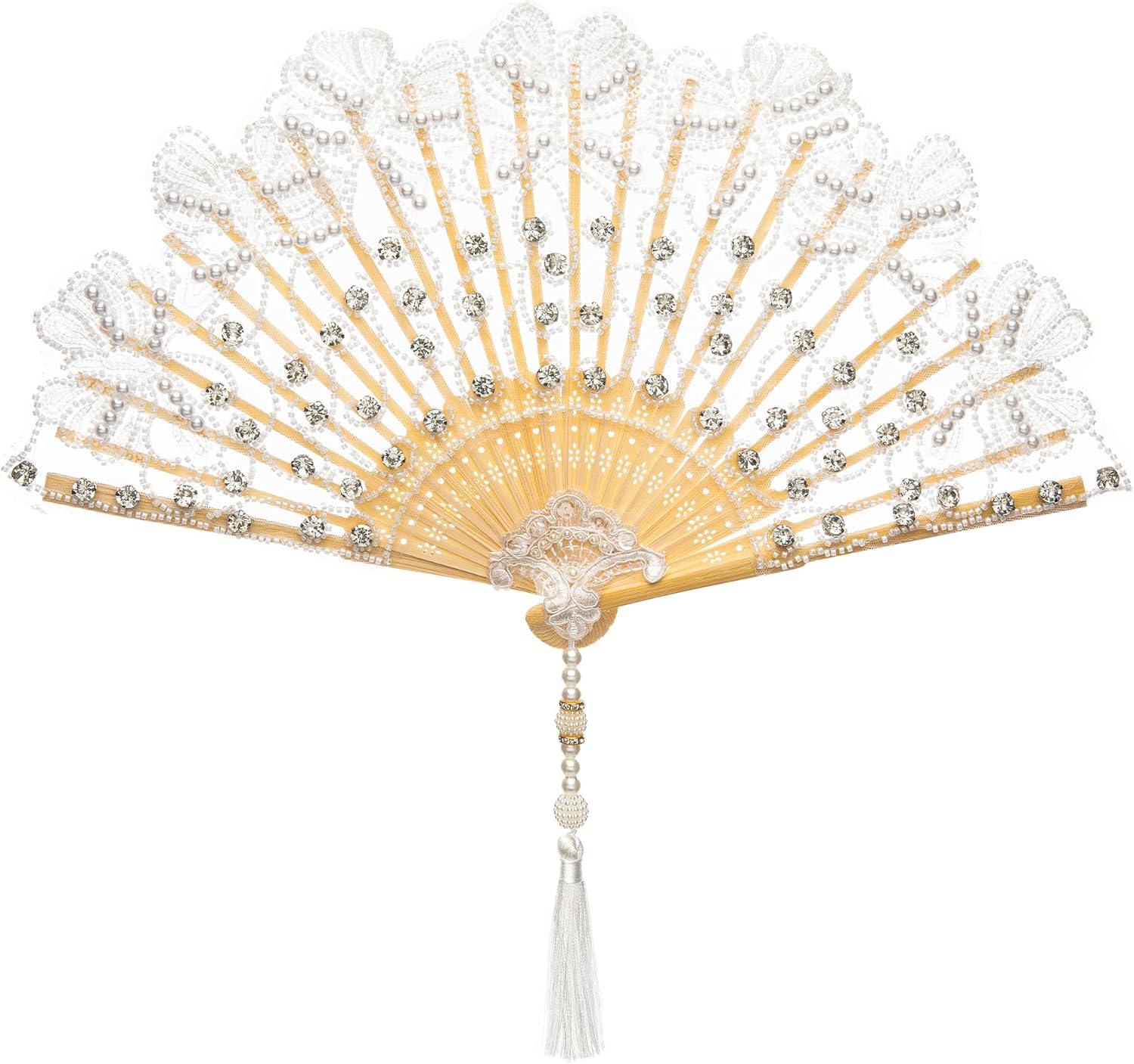 imageBABEYOND Lace Hand Fan NonFoldable Vintage Bridal Handheld Fans with Plastic Beads and Embroidered for Wedding Decoration Dancing PartyWhite