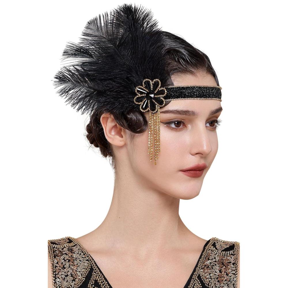 imageBABEYOND Flapper Headpiece for Women  Flapper Feather Headband 1920s Gatsby Headpiece Vintage Accessories for WomenBlack Gold