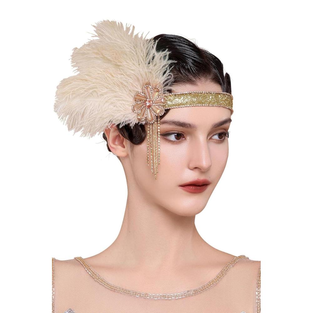 imageBABEYOND Flapper Headpiece for Women  Flapper Feather Headband 1920s Gatsby Headpiece Vintage Accessories for WomenChampagne