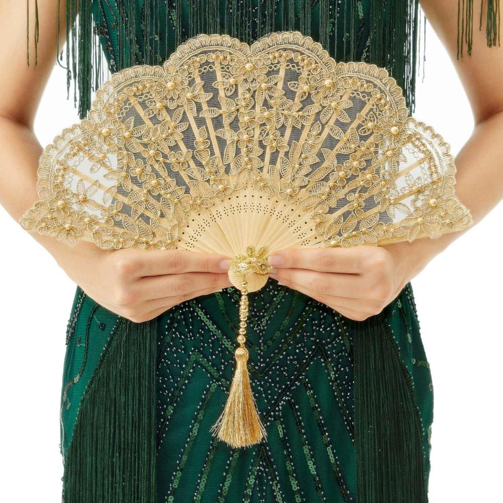 imageBABEYOND Lace Hand Fan NonFoldable Vintage Bridal Handheld Fans with Plastic Beads and Embroidered for Wedding Decoration Dancing PartyCgold