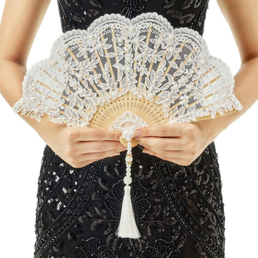 imageBABEYOND Lace Hand Fan NonFoldable Vintage Bridal Handheld Fans with Plastic Beads and Embroidered for Wedding Decoration Dancing PartyCwhite