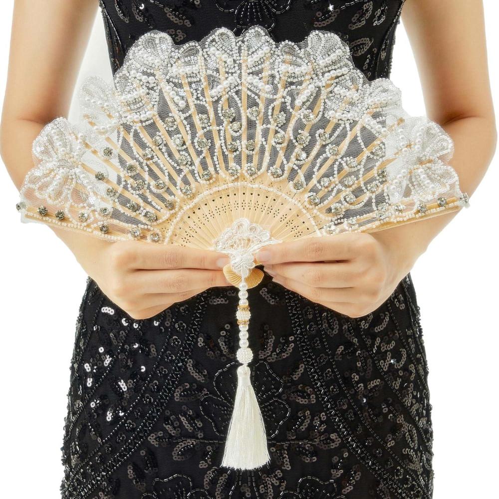 imageBABEYOND Lace Hand Fan NonFoldable Vintage Bridal Handheld Fans with Plastic Beads and Embroidered for Wedding Decoration Dancing PartyWhite