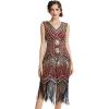 imageBABEYOND Womens Flapper Dresses 1920s V Neck Beaded Fringed Great Gatsby DressGold  Wine Red