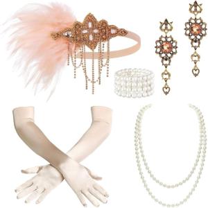 imageBABEYOND 1920s Accessories for Women  Flapper Feather Headband Headpiece for Women Pearl Bracelet Necklace GlovesChampagne