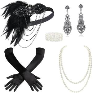 imageBABEYOND 1920s Accessories for Women  Flapper Headpiece Feather Great Gatsby Accessories for Women Pearl Necklace GlovesBlack