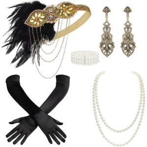 imageBABEYOND 1920s Accessories for Women  Flapper Headpiece Feather Great Gatsby Accessories for Women Pearl Necklace GlovesBlack Gold