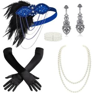 imageBABEYOND 1920s Accessories for Women  Flapper Headpiece Feather Great Gatsby Accessories for Women Pearl Necklace GlovesBlue