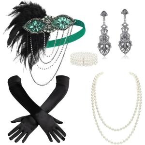 imageBABEYOND 1920s Accessories for Women  Flapper Headpiece Feather Great Gatsby Accessories for Women Pearl Necklace GlovesGreen