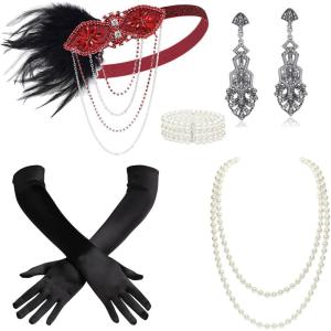 imageBABEYOND 1920s Accessories for Women  Flapper Headpiece Feather Great Gatsby Accessories for Women Pearl Necklace GlovesRed