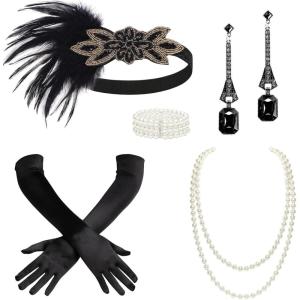 imageBABEYOND 1920s Accessories for Women  Flapper Headpiece Great Gatsby Accessories for Women Pearl Bracelet Necklace GlovesBlack Gold