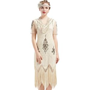imageBABEYOND 1920s Art Deco Fringed Sequin Dress Roaring 20s Flapper Fancy DressBeige