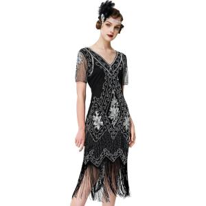 imageBABEYOND 1920s Art Deco Fringed Sequin Dress Roaring 20s Flapper Fancy DressBlack Silver