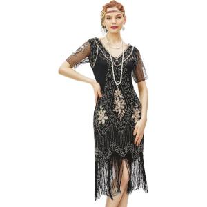 imageBABEYOND 1920s Art Deco Fringed Sequin Dress Roaring 20s Flapper Fancy DressBlack and Gold