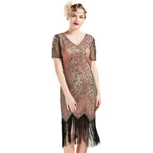 imageBABEYOND 1920s Art Deco Fringed Sequin Dress Roaring 20s Flapper Fancy DressCoral Gold