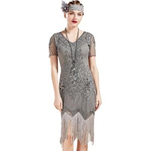 imageBABEYOND 1920s Art Deco Fringed Sequin Dress Roaring 20s Flapper Fancy DressGray