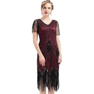 imageBABEYOND 1920s Art Deco Fringed Sequin Dress Roaring 20s Flapper Fancy DressRed and Black