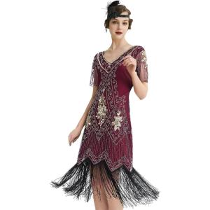 imageBABEYOND 1920s Art Deco Fringed Sequin Dress Roaring 20s Flapper Fancy DressRed and Gold