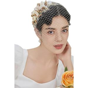 imageBABEYOND 1920s Fascinator Mesh Flower Pearl Veil Headband Bridal Wedding Tea Party Fascinator Veil for WomenBeige