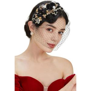 imageBABEYOND 1920s Fascinator Mesh Flower Pearl Veil Headband Bridal Wedding Tea Party Fascinator Veil for WomenBlack