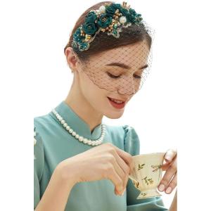 imageBABEYOND 1920s Fascinator Mesh Flower Pearl Veil Headband Bridal Wedding Tea Party Fascinator Veil for WomenDark Green
