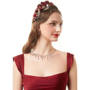 imageBABEYOND 1920s Fascinator Mesh Flower Pearl Veil Headband Bridal Wedding Tea Party Fascinator Veil for WomenWine Red